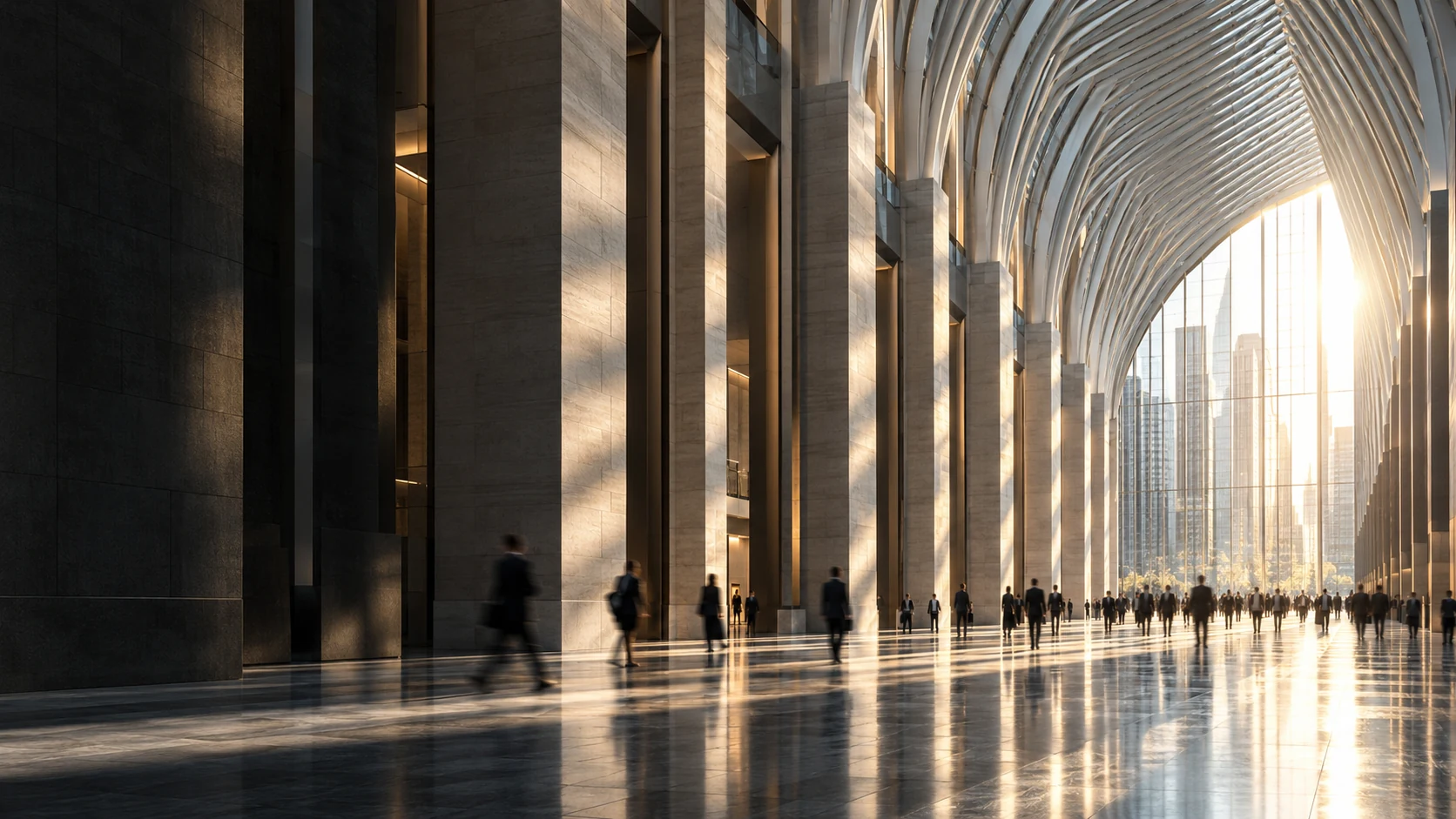 Illustrative metropolitan concourse with people moving through monumental architecture