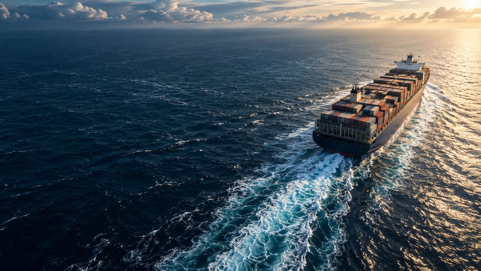 Illustrative view of a container ship crossing open water
